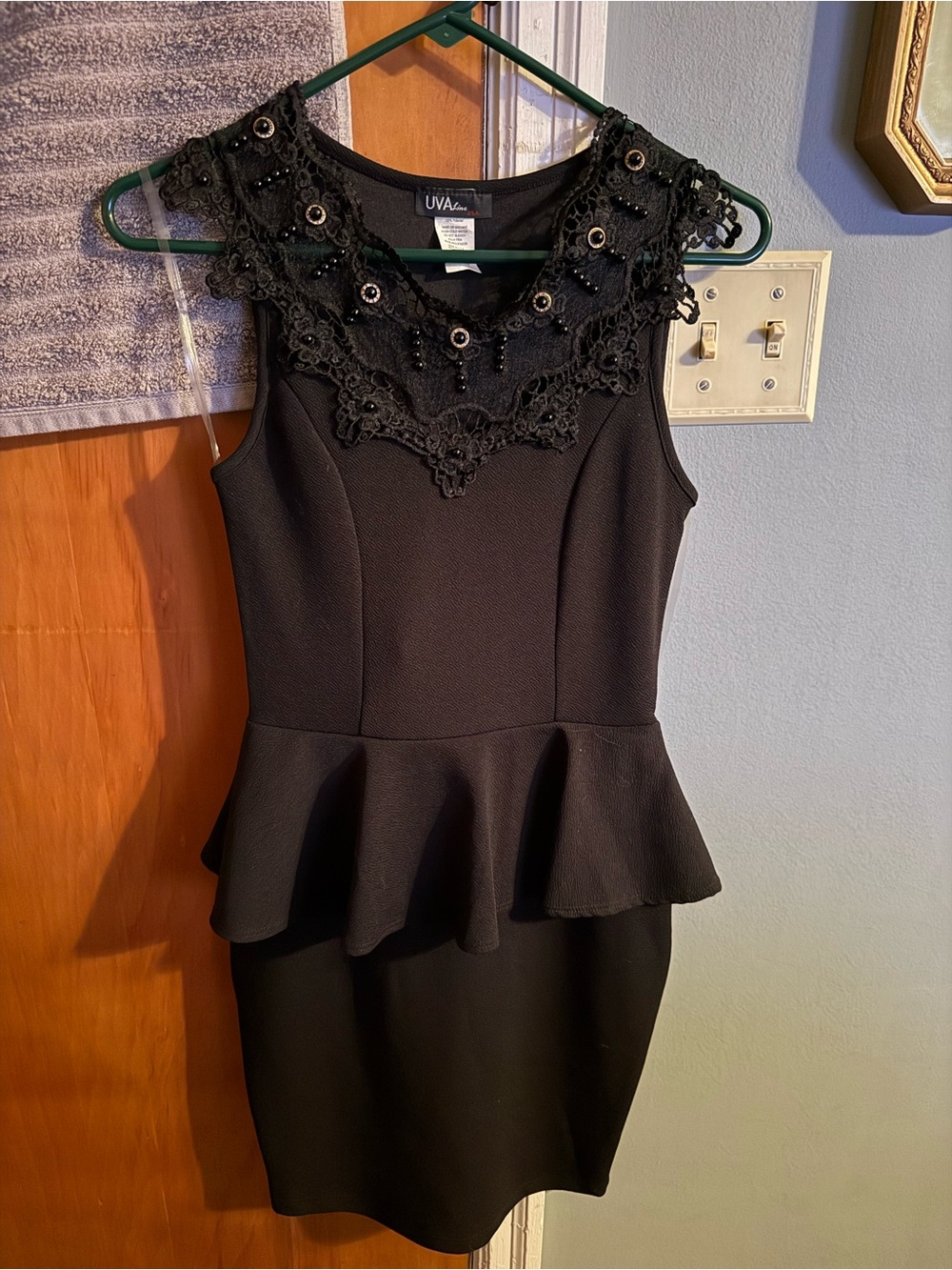 Lace Yoke Black Peplum Midi Dress